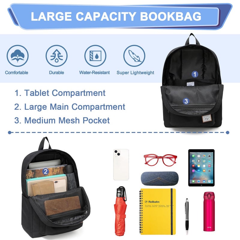 Kasqo Lightweight School Backpack, 17.3L Water-Resistant Casual College Bookbag for Men Women Teen Girls Boys, Black - Image 4